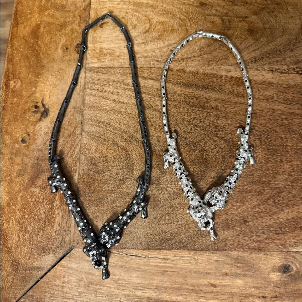 Set of 2 Retro Vintage Leopard/Cheetah Metal Choker Necklaces- Silver & Gunmetal